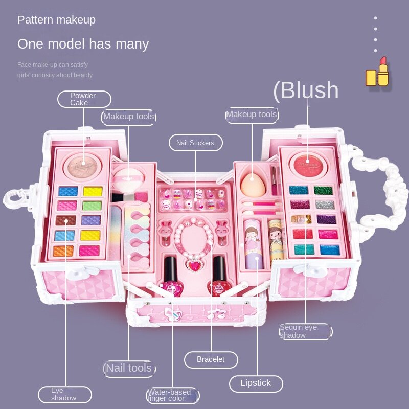 Kit Makeup anak perempuan, hadiah ulang tahun mainan permainan anak dengan kotak kosmetik dapat dicuci