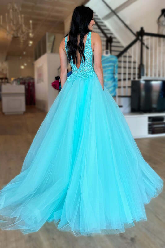 Teal Appliques Tulle Evening Gowns Double V-neck Multi-Tiered A-Line  Party Dress Lace Spaghetti Straps Backless Floor-Length