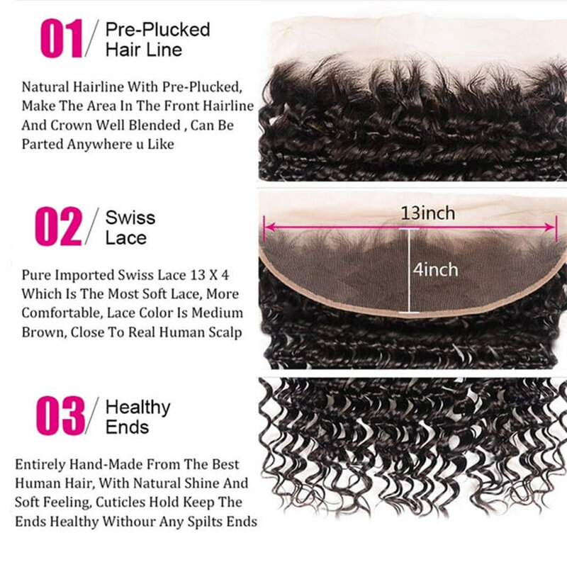 Deep Wave Bundles with Lace Frontal Closure Brazilian 100% Unprocessed Virgin Human Hair 3 Bundle with 13X4 Lace Frontal Closure
