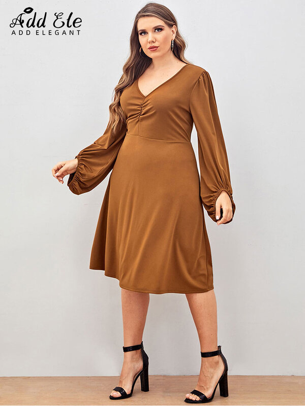 Элегантное осеннее женское платье 2022, однотонное женское платье средней длины со складками и V-образным вырезом, свободное офисное платье с длинным рукавом, модель B167