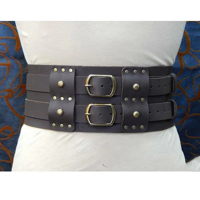 Medieval Steampunk Wide PU Leather Belt with Rivets Double Waist Guard for Viking Samurai Knight Cosplay Larp Carnival Girdle