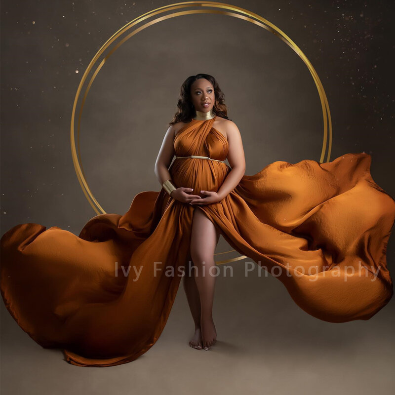 Suknia fotograficzna ciążowa seksowna eleganckie długie suknie złota skóra afrykańska pozująca rekwizyty dla fotografia kobiet w ciąży