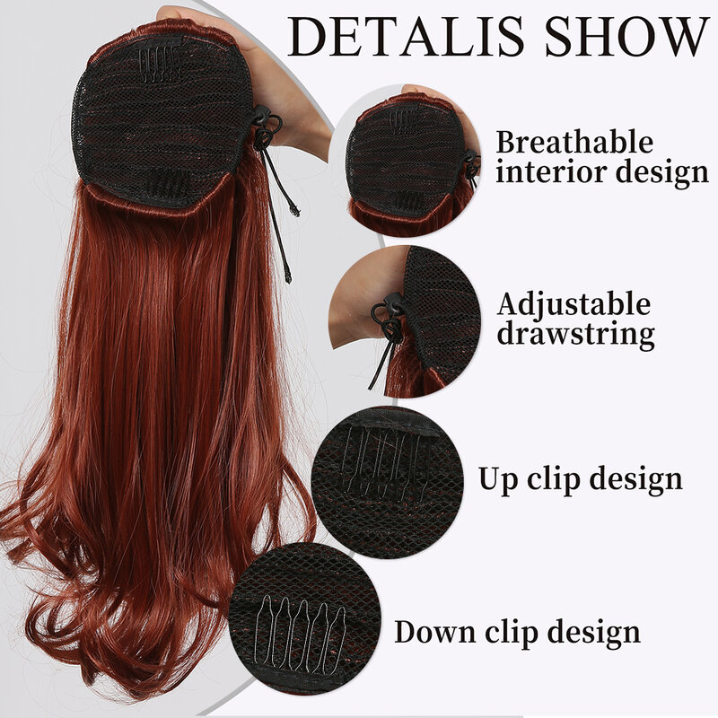 Sintético Drawstring Ponytail extensões de cabelo para mulheres, vermelho, peruca marrom cauda, hairpieces retos, resistente ao calor, Cosplay cabelo