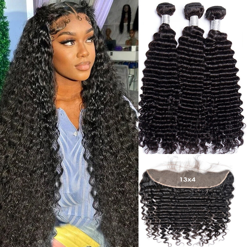 Deep Wave Curly Human Hair Bundles With Transparent 13x4 Lace Frontal Brazilian Extension for Women Weave 3 Bundles With Closure
