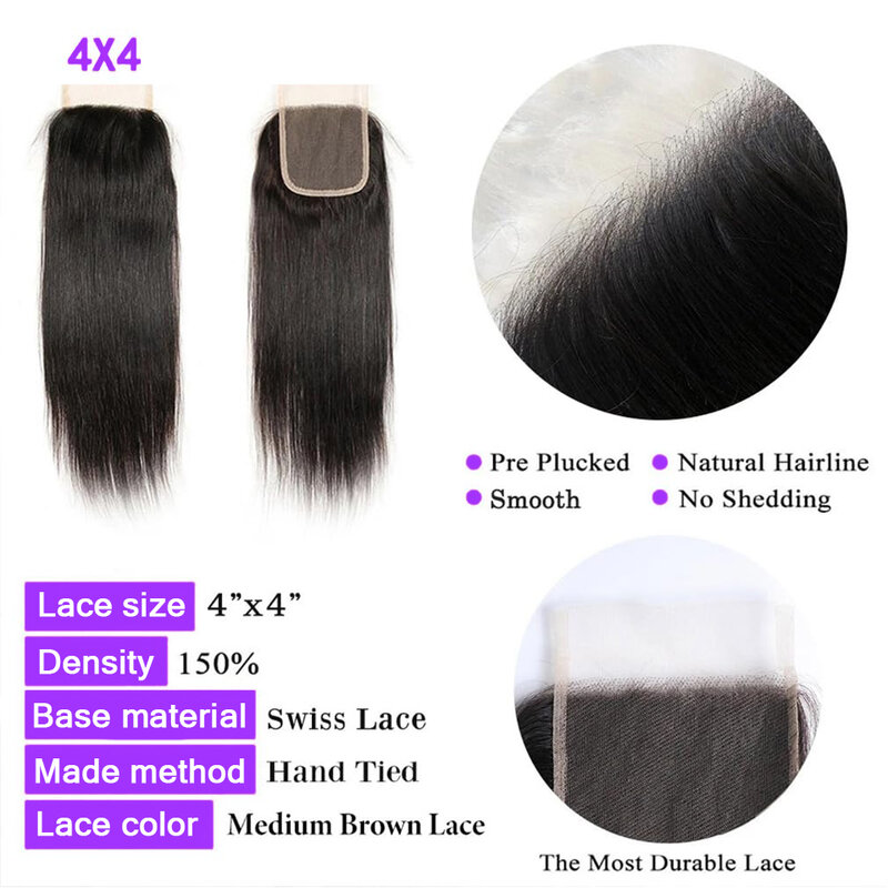 Bundles de tissage de cheveux humains longs péruviens, fermeture à lacet HD, fermeture à lacet 4x4, faisceaux droits, 12-32 po