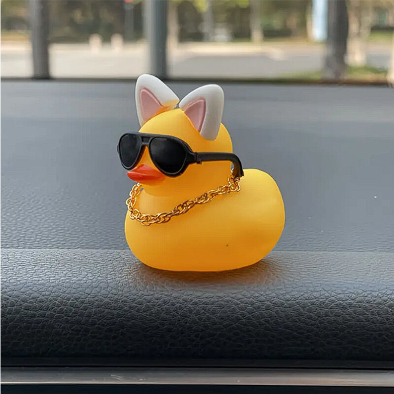 Rubber Cute Duck Toy Car Ornaments Yellow Duck Car Dashboard Decorations Cool Glasses Duck with Propeller Helmet Gold Chain