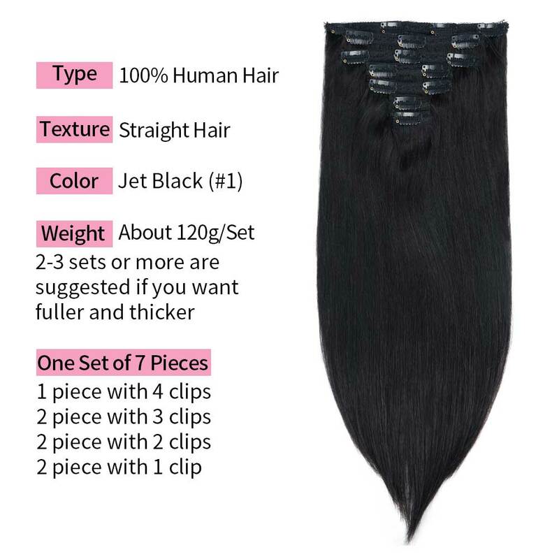 Extensiones de cabello humano Remy, accesorio con doble Clip, 100% Real, Natural, Europeo, 120g, 7 piezas, extremos gruesos, 18-24
