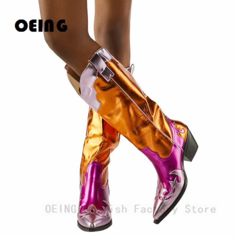 Botas múltiples De cuero metalizado brillante para Mujer, botines hasta la rodilla con punta puntiaguda, botas vaqueras occidentales, Otoño e Invierno