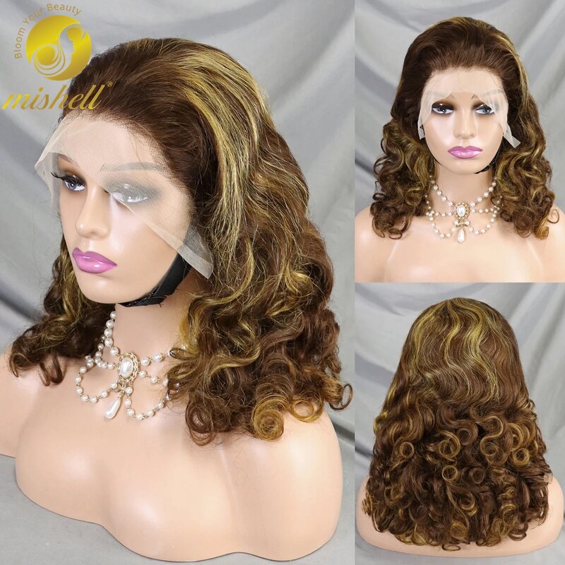 13x4 Full Lace Frontal Bouncy Curly Wig P4/27 Highlight Spring Curly Bob Wig 250% Density for Women Brazilian Colored Short Wigs