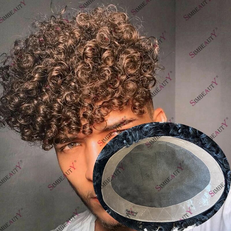 Rambut manusia renda Mono Breathable properti pengganti rambut keriting 18mm rambut manusia Pria Hitam cokelat murah rambut palsu pria dasar MONO