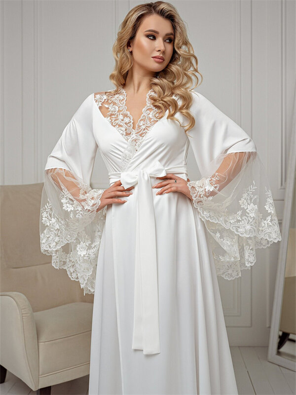 Elegant Lace Bride Robe For Wedding Sexy Flare Sleeves Soft Satin Bridal Shower Dress Women Night Gwon 2024