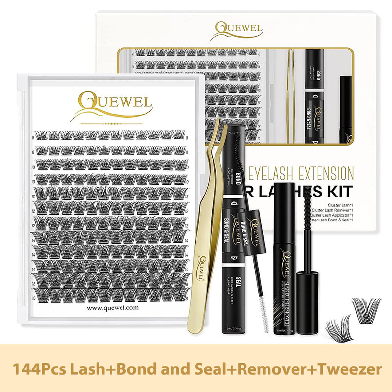 Quewel impermeável Lash Glue Remover, DIY Cluster Kit, Faux Mink Lash Bond e Seal Glue, Golden Tweezer, 144pcs