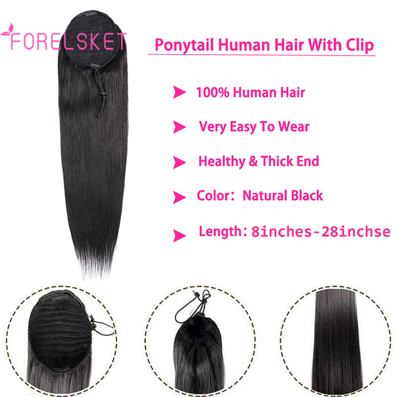 Ekstensi rambut manusia kuncir kuda 8 "-28", sambungan rambut manusia dengan klip 100 gram warna alami, tali pengikat rambut manusia lurus UNTUK WANITA 1 buah