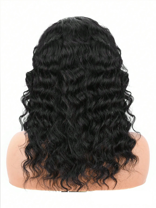 女性のための短い巻き毛の人間の髪の毛のかつら,深い波,密度180%,サイドパーツ,レースキャップ,ブラジルの人間の髪の毛