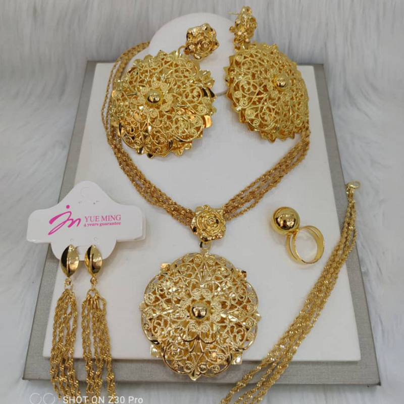 금도금 꽃 주얼리 여성용, 웨딩 목걸이 및 귀걸이, 뱅글 링, 신부 주얼리 세트, 두바이 아프리카 파티 선물