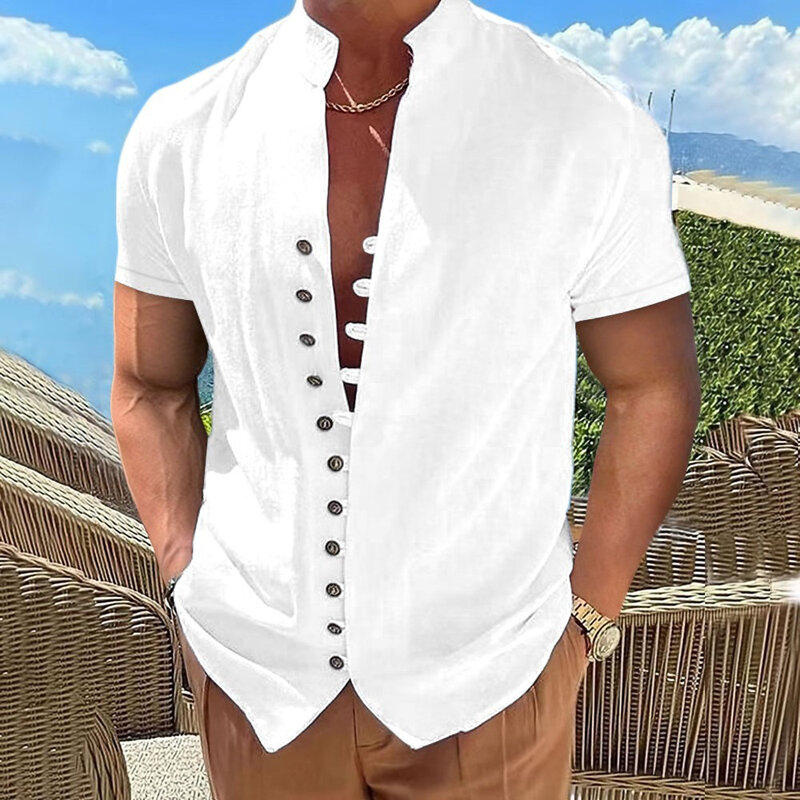 Kemeja katun Linen untuk pria, atasan bisnis kasual kerah berdiri Single-Breasted lengan pendek Retro Solid musim panas