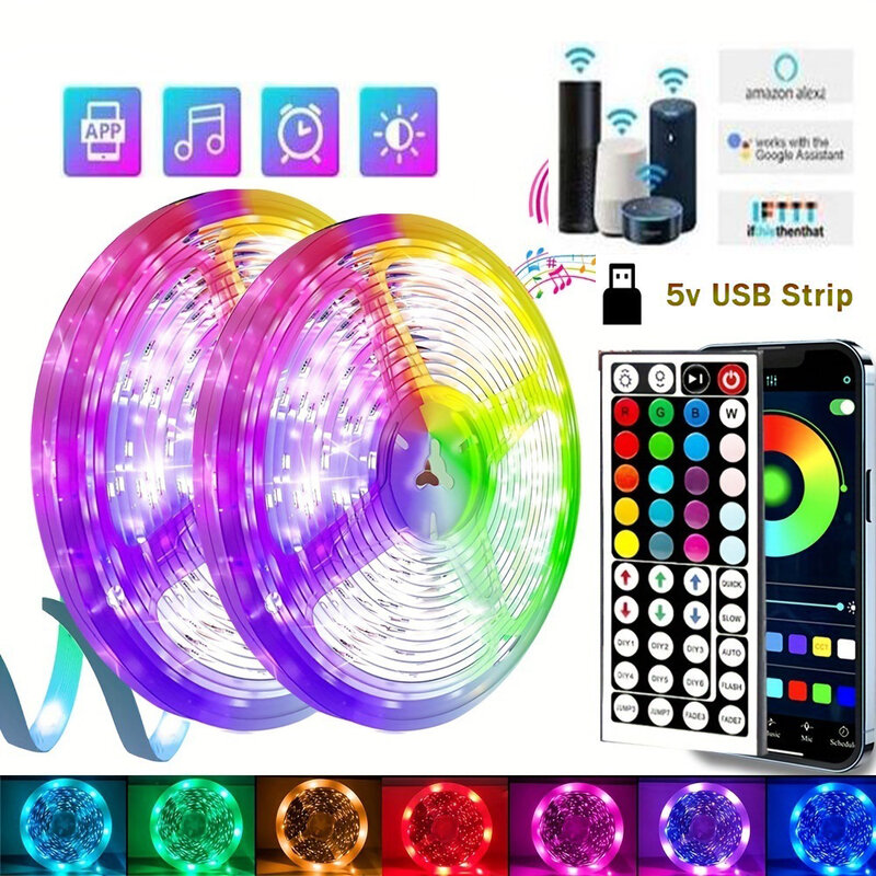RGB LED Strip Light com controle remoto para decoração de casa, USB, Bluetooth, fita de lâmpada flexível, luz de fundo, TV, festa, 1-30m, 5050, 15 LEDs