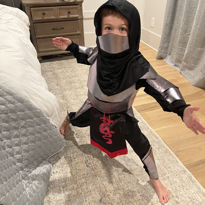 2023 Neuankömmling Kind Drachen Ninja Halloween Cosplay Silber Ninja Kostüm für Jungen