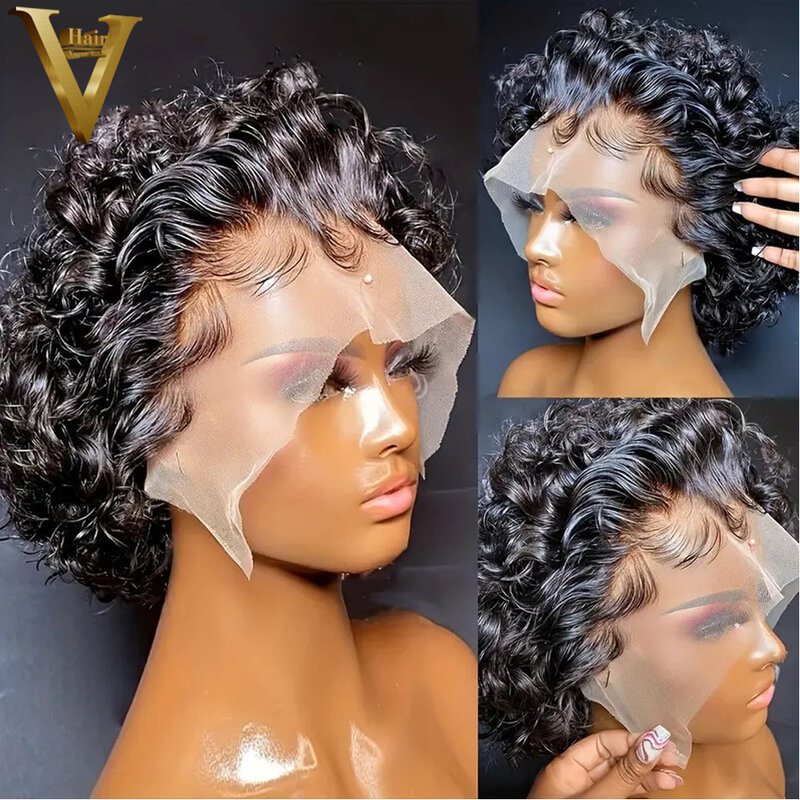 Pelucas de corte Pixie para mujer, cabello humano corto y rizado con encaje frontal, pelo brasileño virgen con ondas al agua, peluca Bob HD de encaje transparente