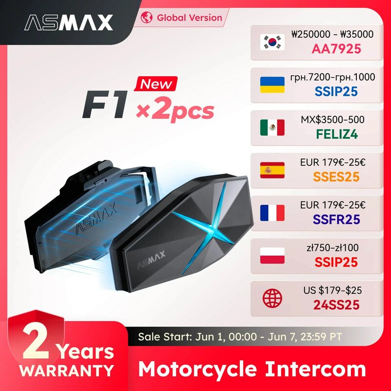 ASMAX F1 2PCS casque bluetooth sans fil, intercom casque moto Mesh, intercom moto bluetooth BT5.3, Prend en charge une portée de 1800m d'intercoms pour 10 motocyclistes, commande vocale IA et imperméabilité IP67