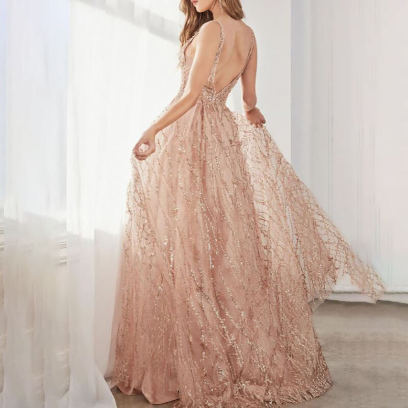 A-Line Tulle V Neck Sleeveless Glitter Lace Open V Back Full Length Sweep Train Prom Homecoming Dresses 1