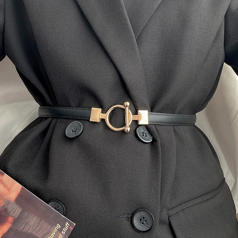 Cinto de couro feminino fino com metal simples gancho fivela, cintura ajustável cinta para calças, marca designer, decoração cós