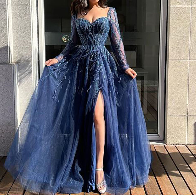 Sexy Tulle Side Slit Long Sleeves Beaded Sequins Ruched Feathers Prom Evening Dress Vestido de Fiesta