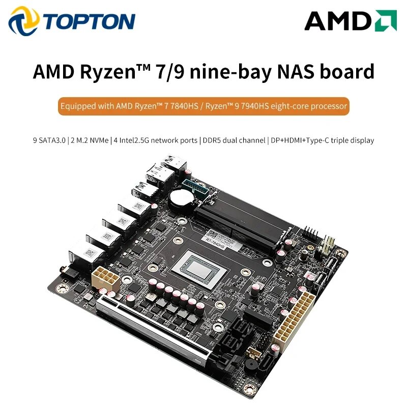 NAS เมนบอร์ด AMD Ryzen 7 7840HS 7940HS 4พอร์ต i226 2.5GbE LAN 9 * SATA3.0 2 * DDR5 2xM 2 NVMe 17*17 ITX Soft Router VPN openwit
