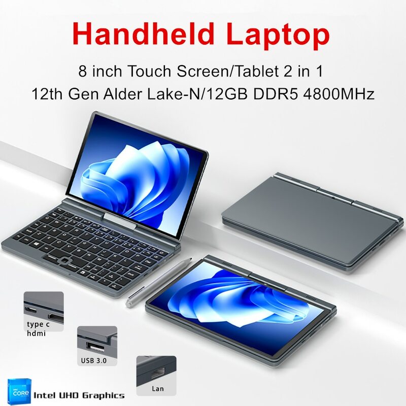 Mini Gaming Laptop, Intel, Lago Alder, N100, 8 "Touch Screen, 12G, DDR5, Windows 11, Notebook, PC, 2 em 1, WiFi6, 12th Gen