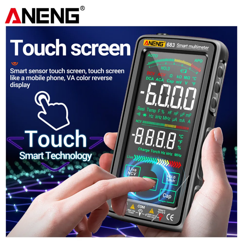 ANENG-multímetro Digital 683 Pro, herramienta de medición de diodo, táctil de alta gama, 6000 recuentos, recargable, voltaje de CC, medidor de corriente