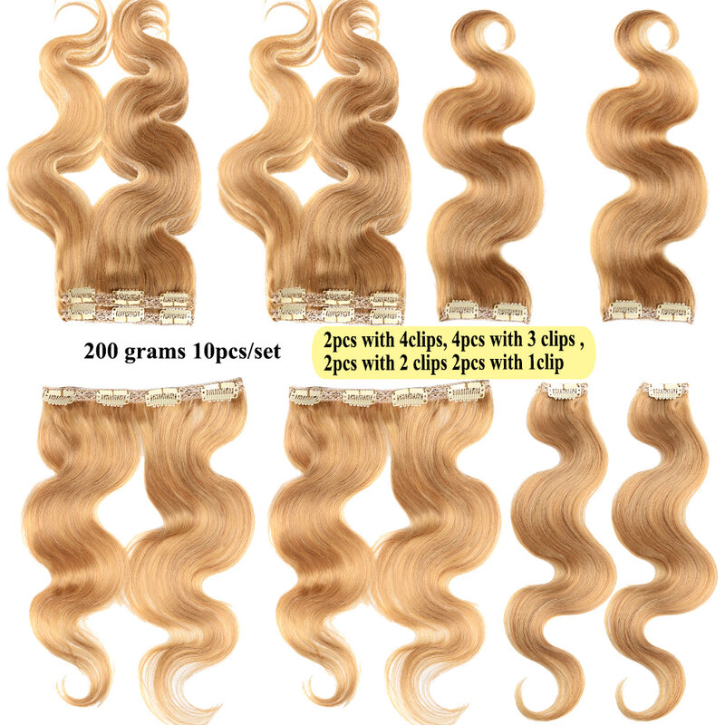 Extensión de cabello humano ondulado, Clip Remy europeo, rubio miel, 110 a 200g, 14 a 24 pulgadas, 27 #
