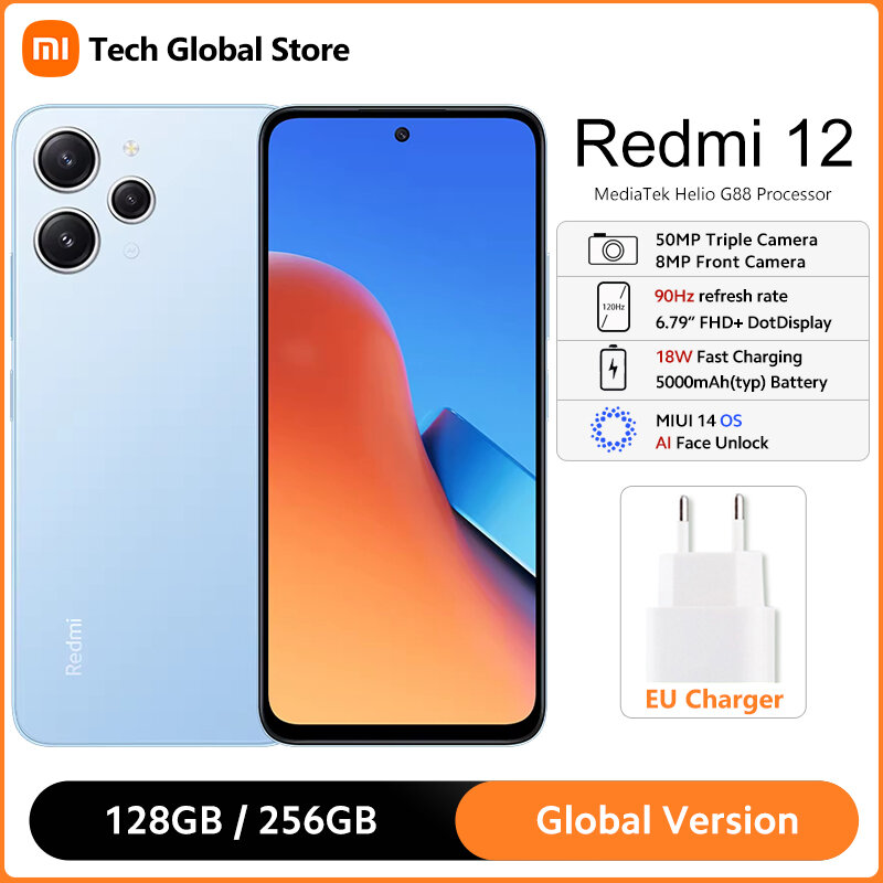 Смартфон Xiaomi Redmi 12, MediaTek Helio G88, экран 6,79 дюйма, 90 Гц, FHD +, ии Тройная камера 50 МП, водонепроницаемость IP53, аккумулятор 5000 мАч