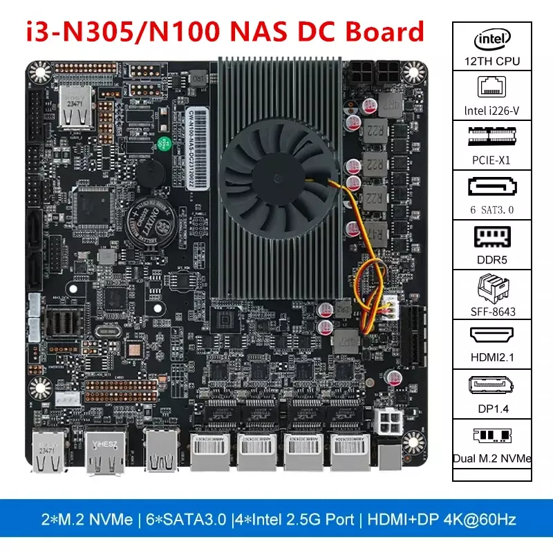 12. i3-N305 płyta główna N100 NAS 6-Bay DC Power 2xm.2nvme 6 xsata3.0pcie X1 4x i226-V 2.5G RJ45 LAN DDR5 17 x17 ITX płyta główna