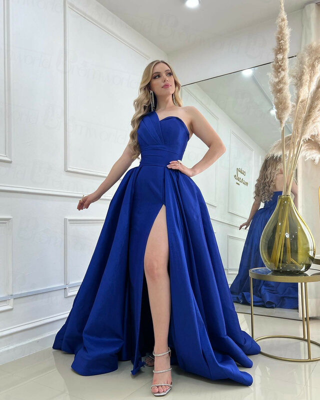 Sexy Een Schouder Royal Blue Prom Dresses Lange A-lijn Taffeta Hoge Split Formele Feestjurk 2023 Avondjurk Vestidos De gala