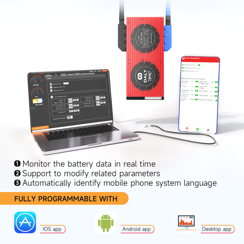Daly-Onduleur solaire intelligent BMS avec Bluetooth, batterie Lifepo4 4S, 12V, 8S, 24V, 16S, 48V, énergie extérieure, stockage d'énergie domestique, scooter à montres