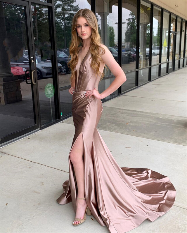 Elegant Deep V-Neck Satin Prom Dresses For Women Sexy Halter Mermaid Formal Evening Dresses Open Back Party Gown With High Slit