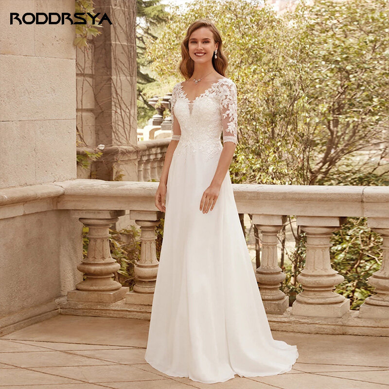 Rodrsya – robe de mariée élégante en mousseline de soie, demi-manches, dentelle délicate, avec traîne