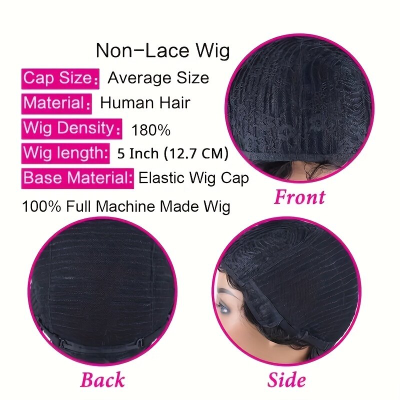 Pixie cortou peruca encaracolada para mulheres, cabelo humano, máquina completa feita, onda de água, perucas curtas, brasileira, 180D