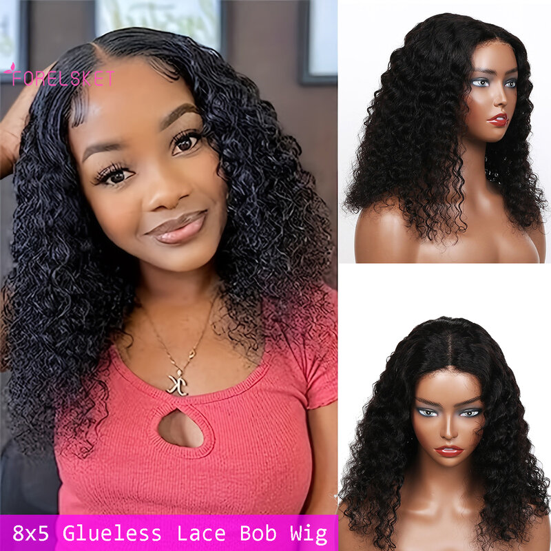 Deep Wave 8x5 Lace Closure Wigs Human Hair 16 Inch 180% density Wear And Go Glueless Wig Curly Short Bob Wig Human Hair Wigs