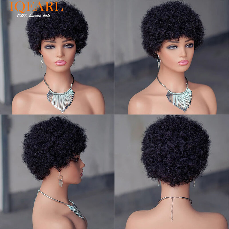 Peluca Afro rizada con flequillo para mujer, cabello humano Natural brasileño, 180% de densidad