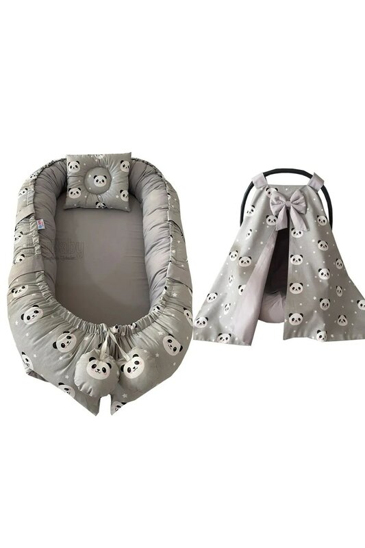 Handmade Gray Panda Fabric Babynest and Stroller Cover Set