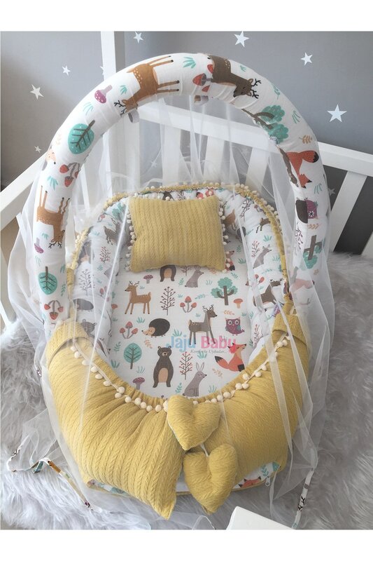 Handmade Yellow Knitted Pique Fabric and Forest Muslin Fabric with Pompom Babynest Toy Apparatus and Tulle Set