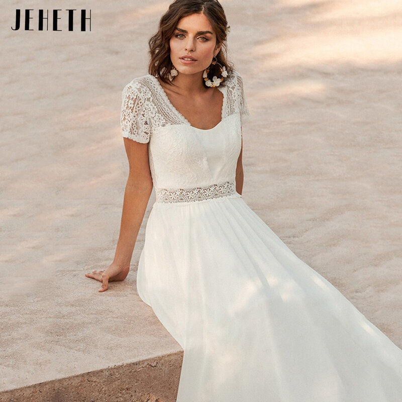 JEHETH Boho Short Sleeves Wedding Dresses V-Neck Backless Lace Beach Bridal Gowns Floor Length Chiffon Vestidos De Novia فستان