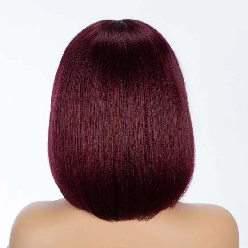 Pelucas de cabello humano brasileño con flequillo para mujer, pelo corto recto Bob, Remy, hecho a máquina, sin pegamento, color 99J, 220%