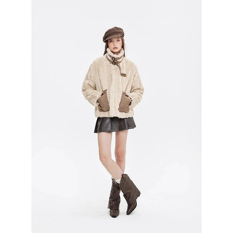 Jaket bantalan katun domba Retro Amerika wanita, mantel tebal hangat kerah berdiri tren jalanan Y2K