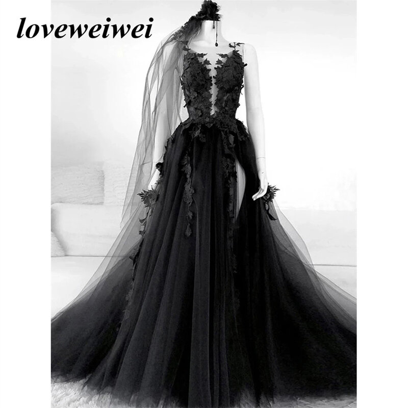 고딕 블랙 무도회 드레스, 섹시한 백리스 하이 사이드 스플릿 A 라인 이브닝 드레스, 레이스 포멀 파티 가운, 베일 로브 포함