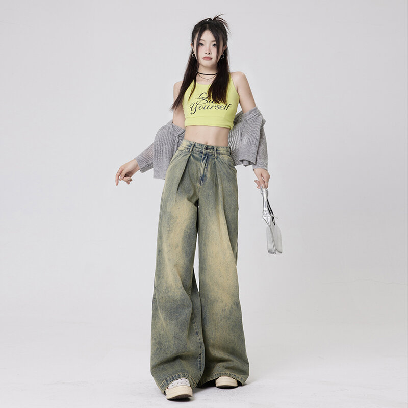 Workowate proste dżinsy kobiety koreańska moda uliczna wysoka talia szeroka nogawka spodnie dżinsowe kobiece luźne spodnie dżinsowe Y2K