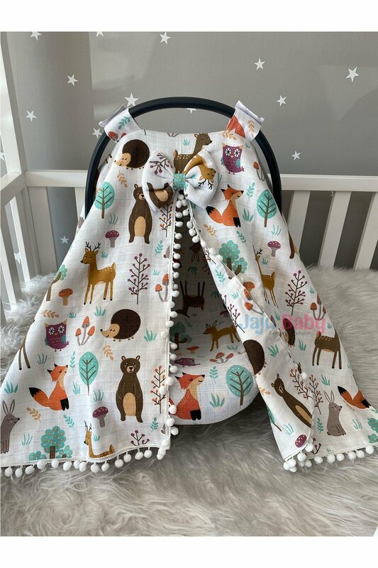 Handmade Forest Muslin Fabric Patterned Pompom Stroller Cover and Sheet