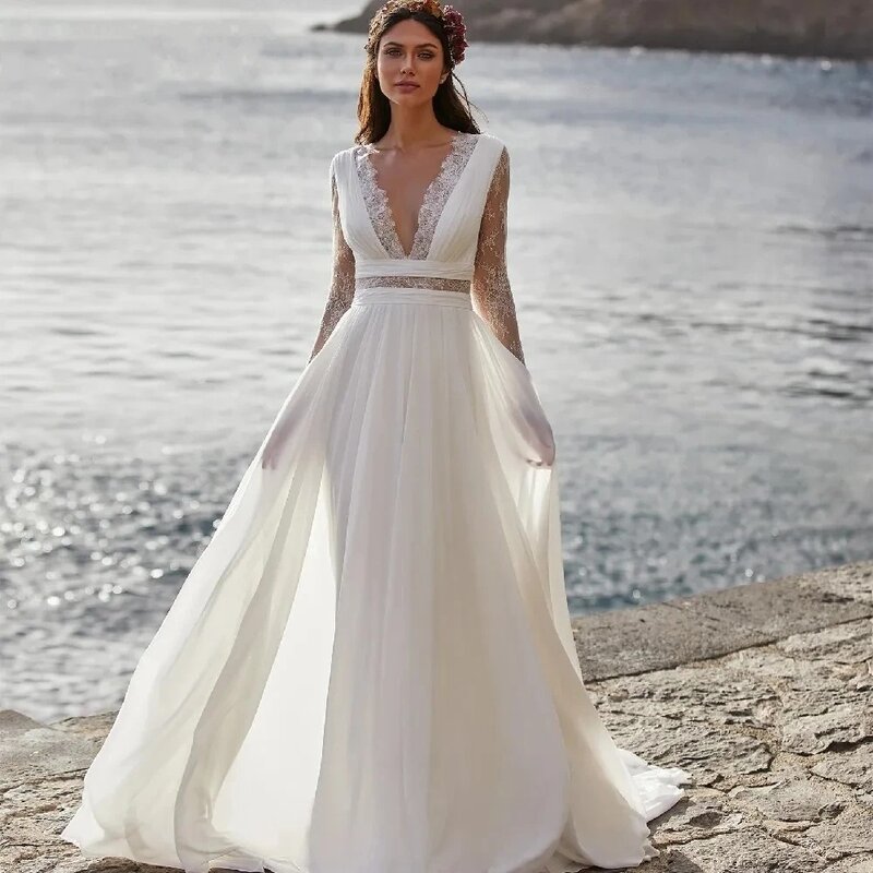 Bohemia A-Line Wedding Dresses  V-Neck Lace Button Back Floor Length Chiffion Bridal Gowns Long Sleeves Boho Vestidos De Novia