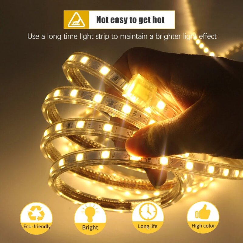 Impermeável LED Strip Lights com Plug UE, Fita Lâmpada, Alto Brilho, Flexível, Cozinha, Ao Ar Livre, Jardim, 220V, 5050